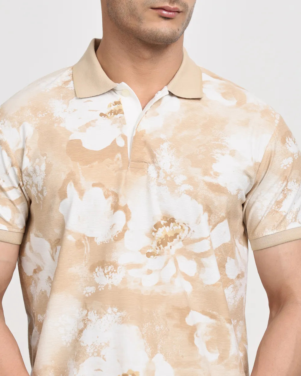 Stylish Men Beige Floral Print Slim Fit T Shirt Perfect for Casual and Party Wear