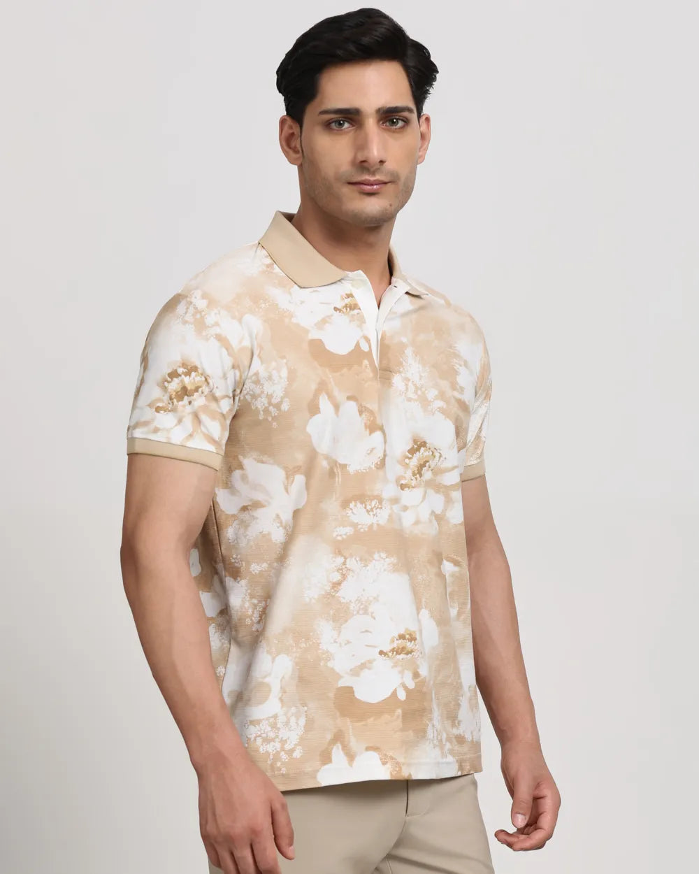 Stylish Men Beige Floral Print Slim Fit T Shirt Perfect for Casual and Party Wear