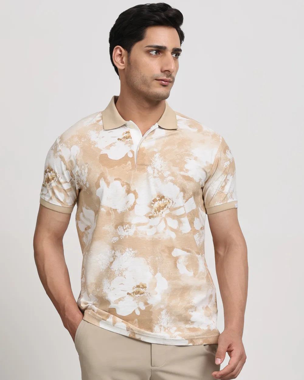 Stylish Men Beige Floral Print Slim Fit T Shirt Perfect for Casual and Party Wear