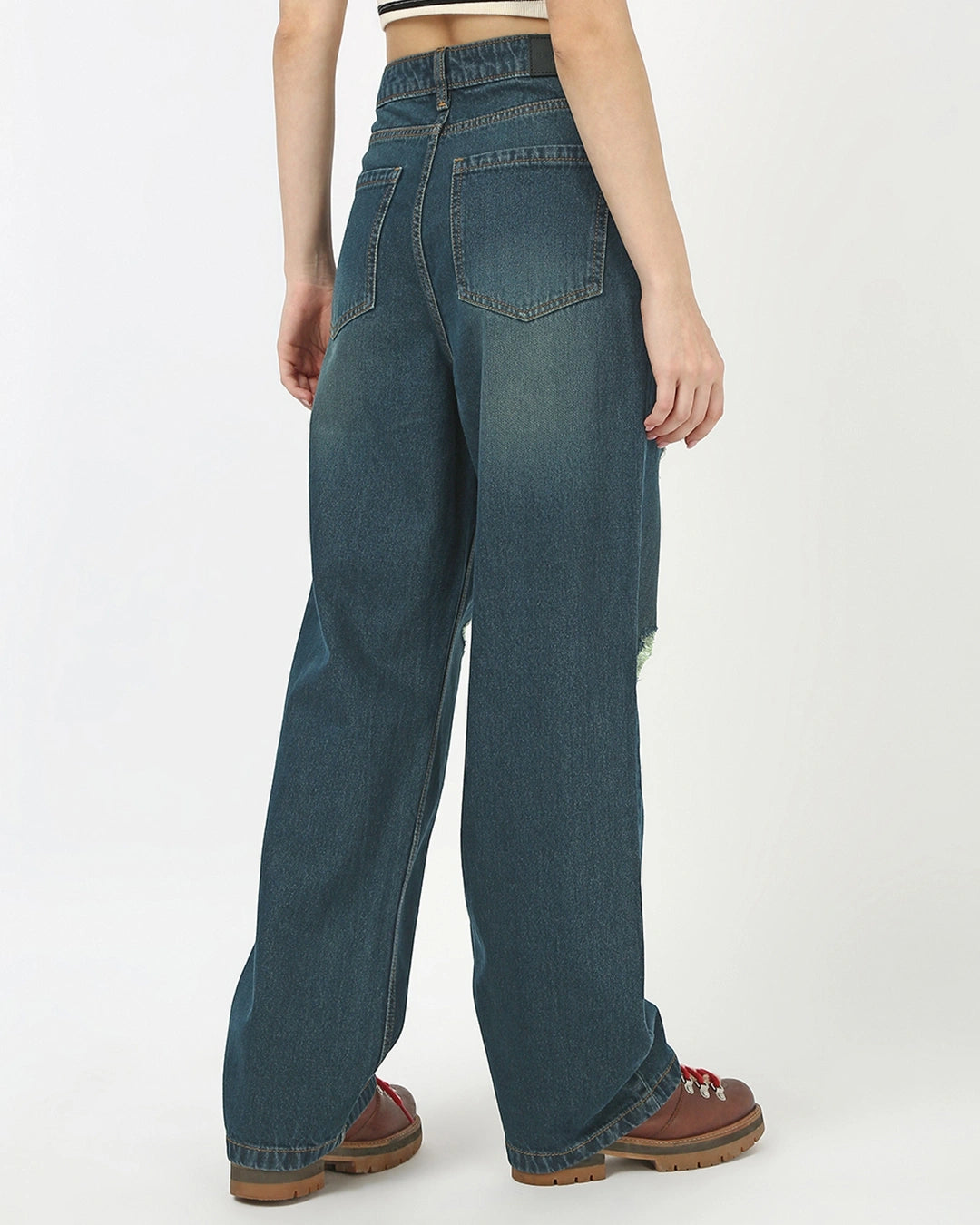 Soft Comfortable Womens Blue Washed Baggy Jeans with Distressed Finish