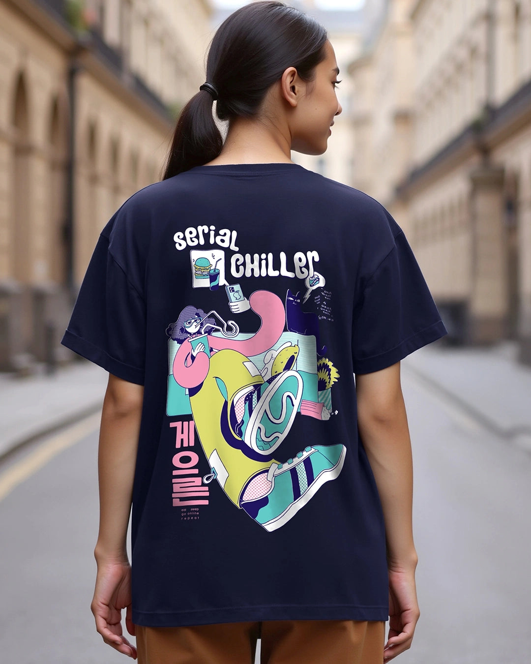 Blue Serial Chiller Graphic Printed Boyfriend T Shirt for Women Soft Cotton Casual Style