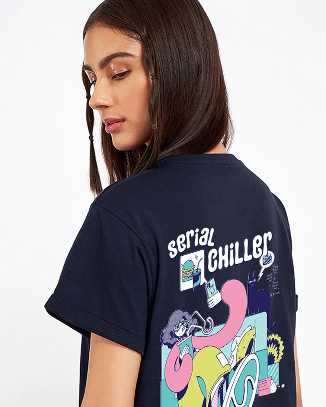 Blue Serial Chiller Graphic Printed Boyfriend T Shirt for Women Soft Cotton Casual Style
