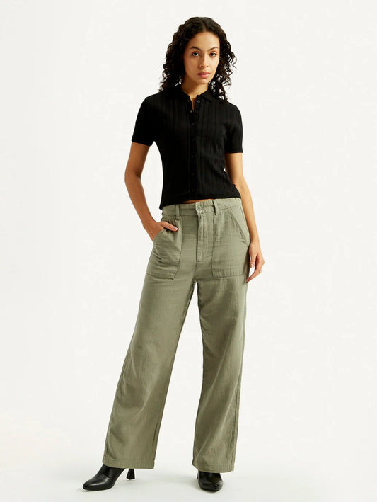 Modern Womens Olive Green Loose Fit Mid Rise Pants with Lightweight Fabric