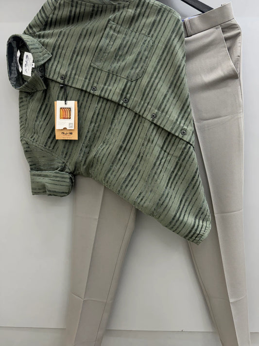 Sophisticated Imported Green Jacquard Shirt with Light Green Formal Pants for Office and Party Wear