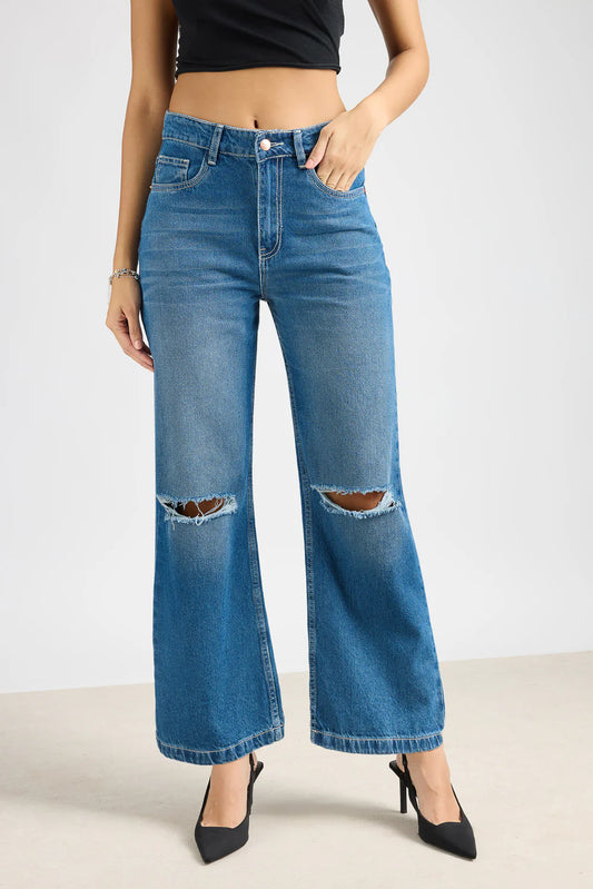 Modern Blue Urban Rip Wide-Leg Jeans for Women