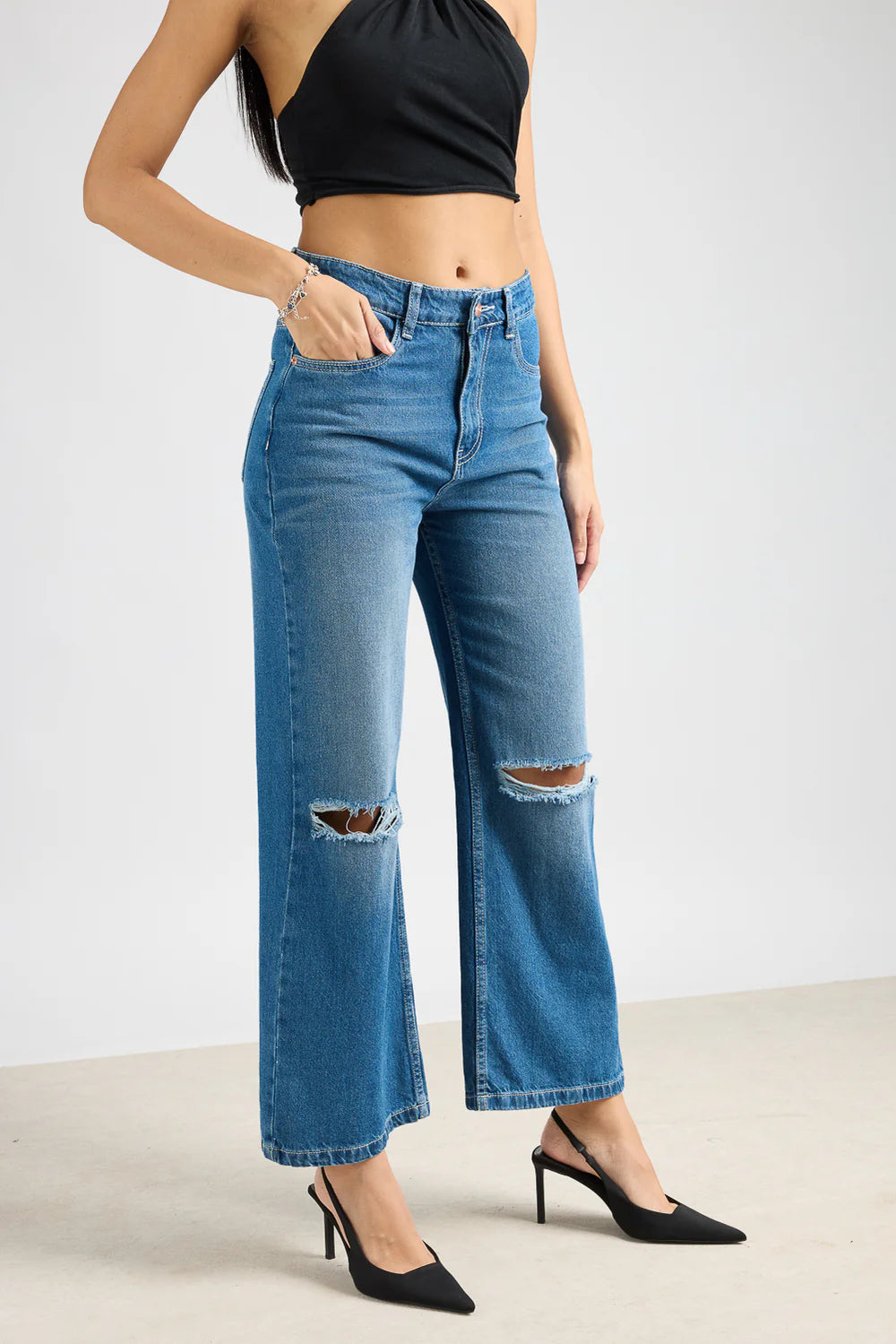 Modern Blue Urban Rip Wide-Leg Jeans for Women