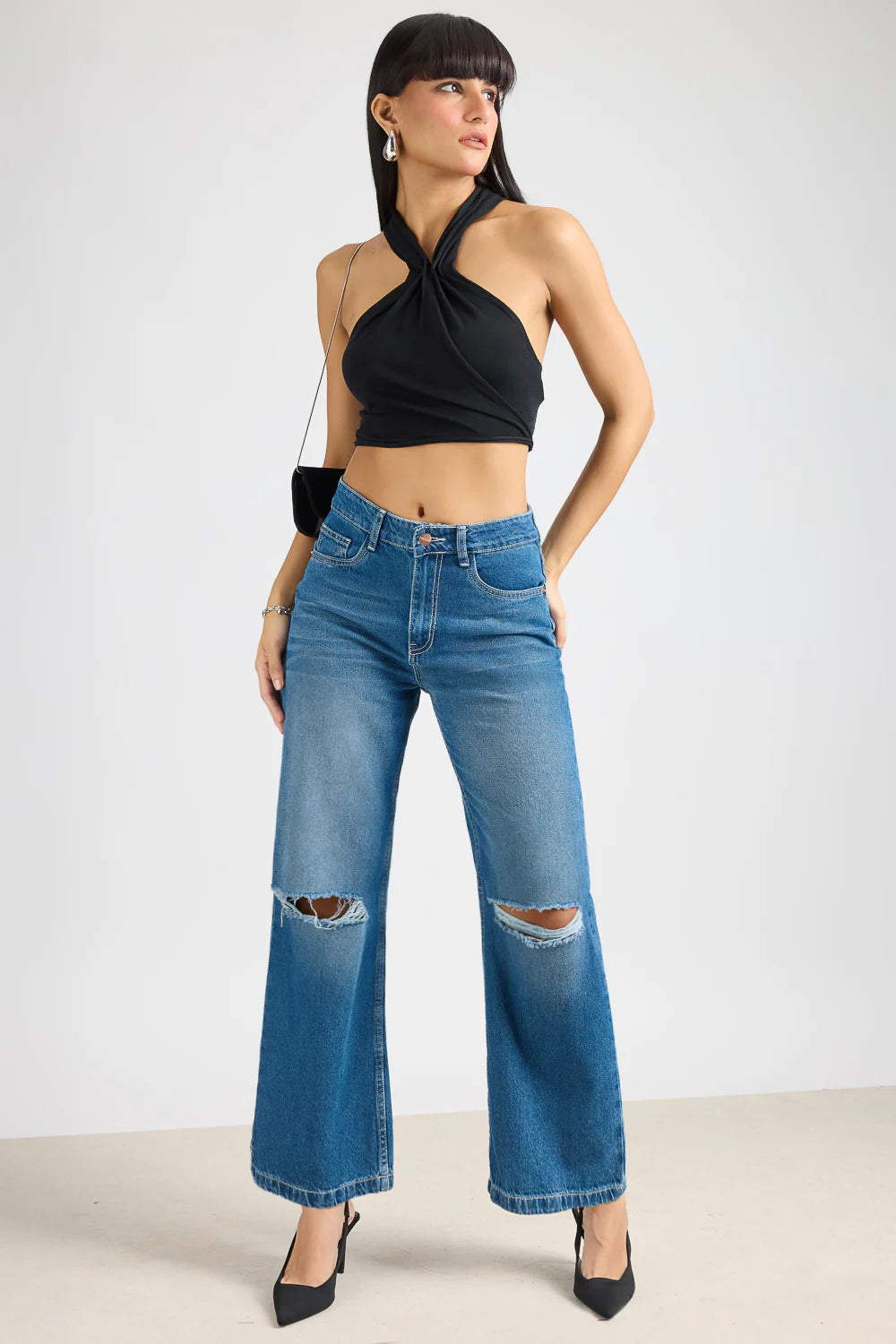 Modern Blue Urban Rip Wide-Leg Jeans for Women