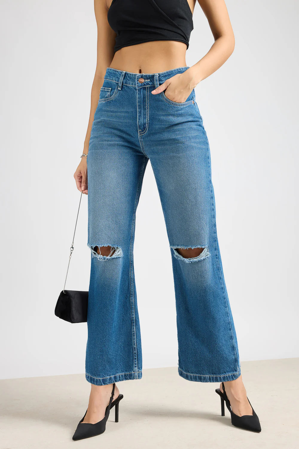 Modern Blue Urban Rip Wide-Leg Jeans for Women