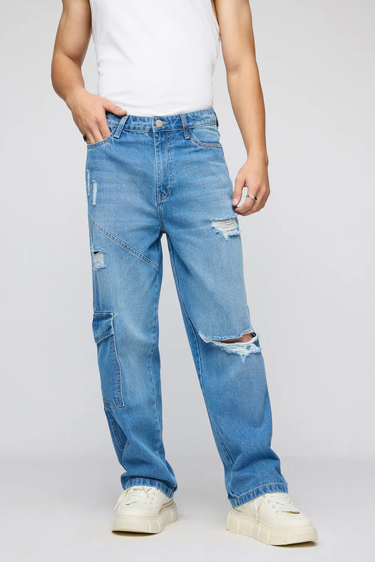 Premium Blue Streetwise Torn Straight Fit Men's Jeans with Soft Washed Finish