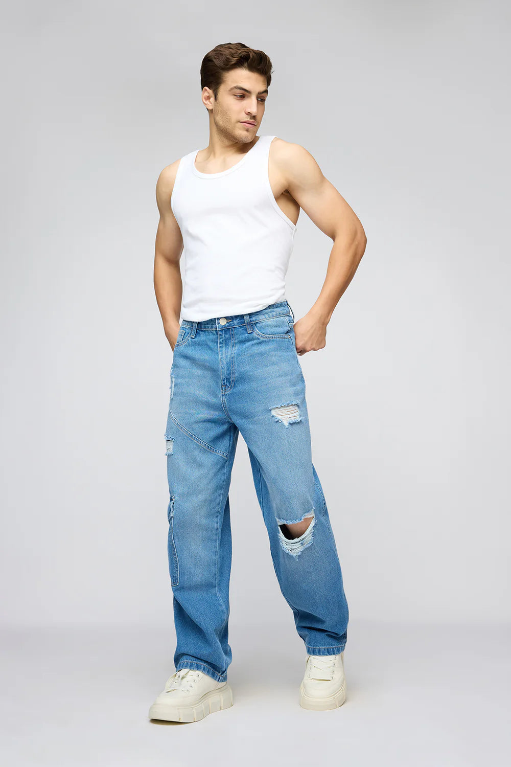Premium Blue Streetwise Torn Straight Fit Men's Jeans with Soft Washed Finish