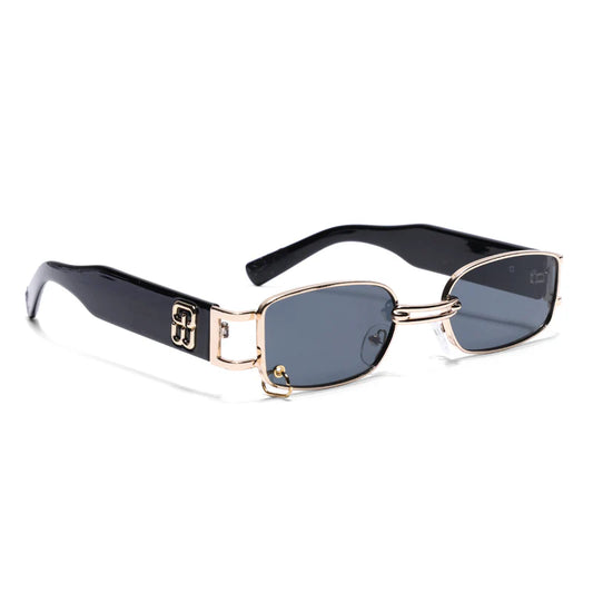 Trendy Golden Rectangle Sunglasses with Black Lenses