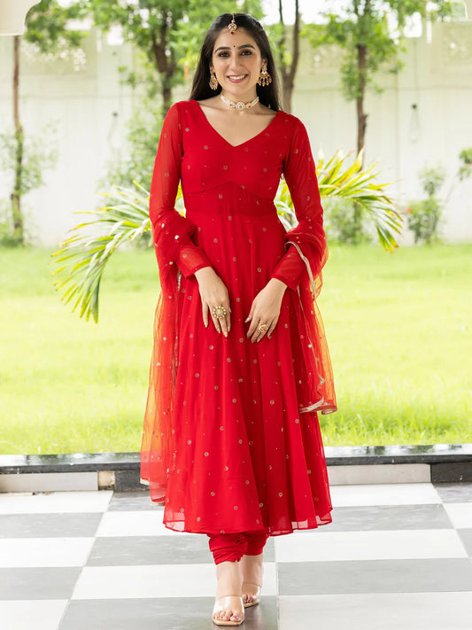 Stylish Meher Red Embroidered Anarkali Outfit for Wedding and Party Look
