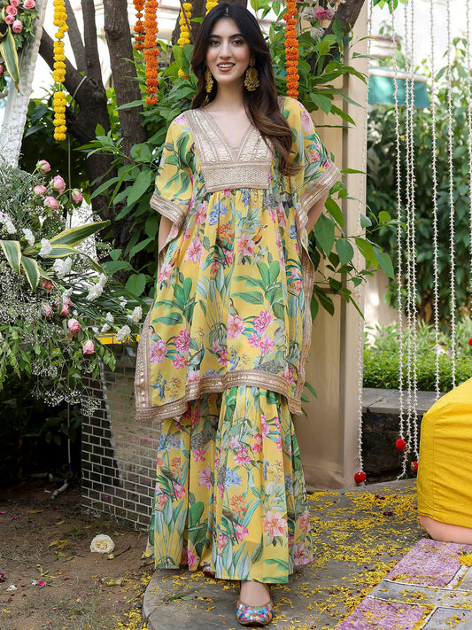 Modern Women’s Yellow Kaftan Printed Set Featuring Elegant Patterns and Lightweight Fabric
