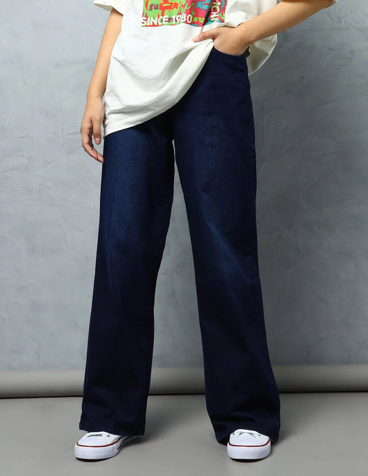 Classic Womens High Rise Stone Wash Straight Fit Denim Pants