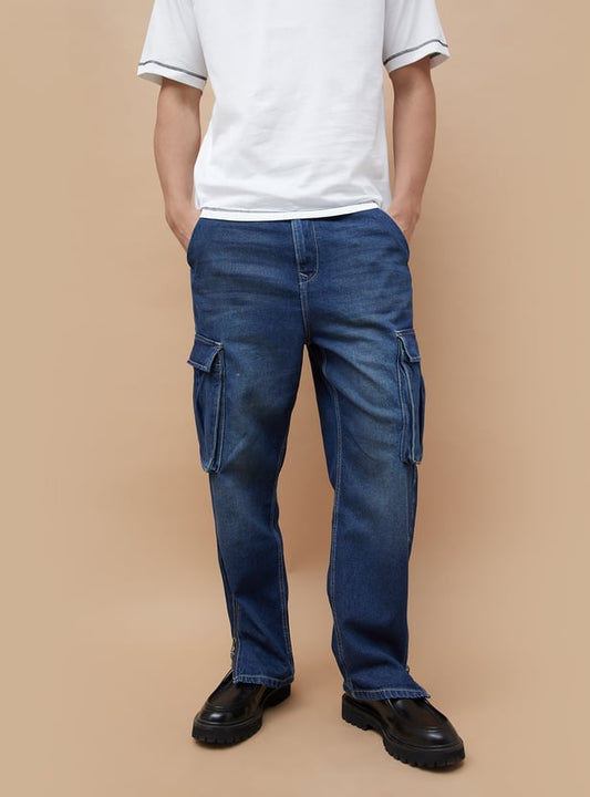 Trendy Solid Cargo Jeans for Men Relaxed Fit Everyday Denim Outfit