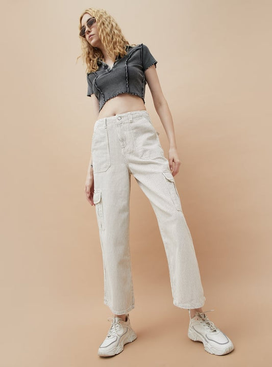 Casual Womens Striped Wide Leg Cargo Denim Jeans for Daily Wear