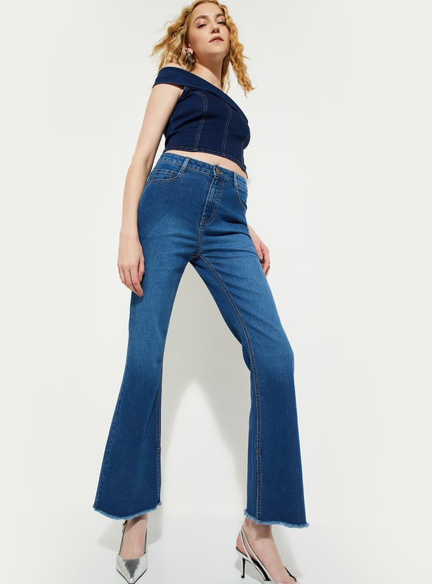 Women Frayed Hem Kickflare Jeans