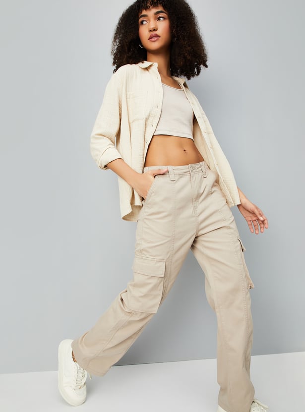 Fashionable Solid Cargo Denim Trousers for Women