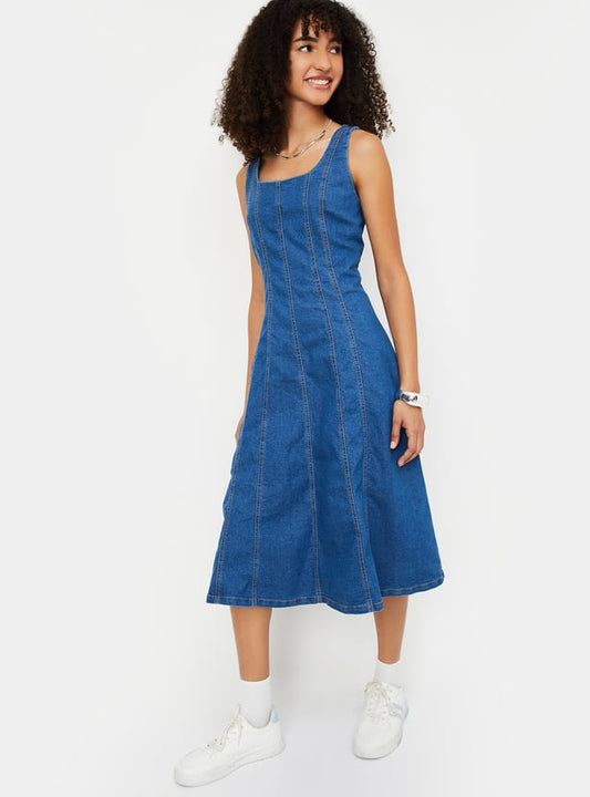 Panelled Midi Denim Dress For Women