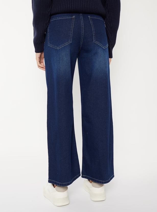 Women Washed High Rise Wide Leg Jeans