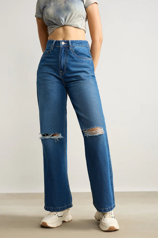 Designer Clean Blue Wide Leg Distressed Jeans for Women Perfect for Outings and Casual Wear