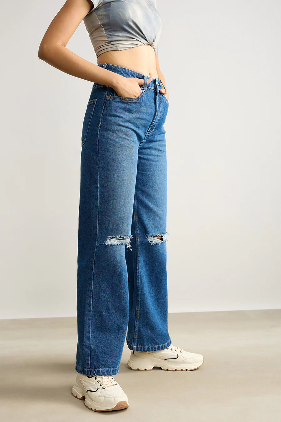 Designer Clean Blue Wide Leg Distressed Jeans for Women Perfect for Outings and Casual Wear
