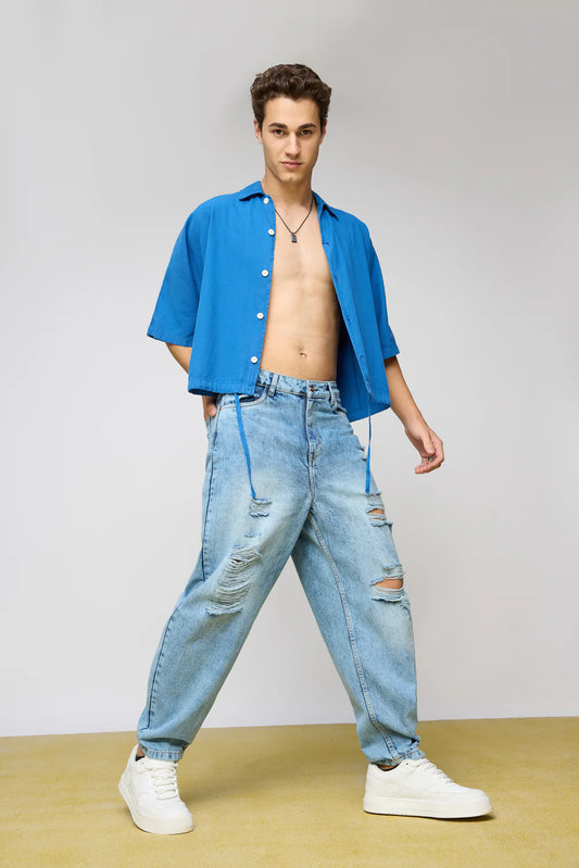 Trendy True Blue Distressed Men's Slouchy Fit Jeans with Relaxed Streetwear Style