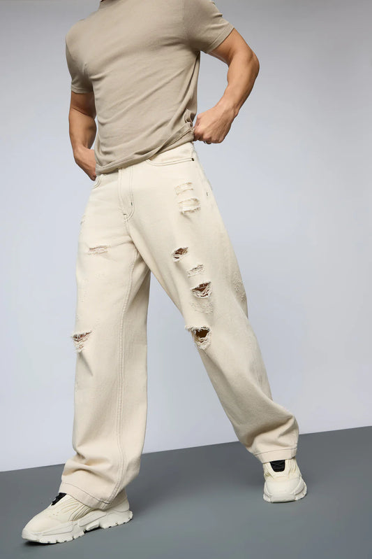 Classic Ecru Escape Distressed Baggy Straight Men's Denim Jeans with Comfortable Waist