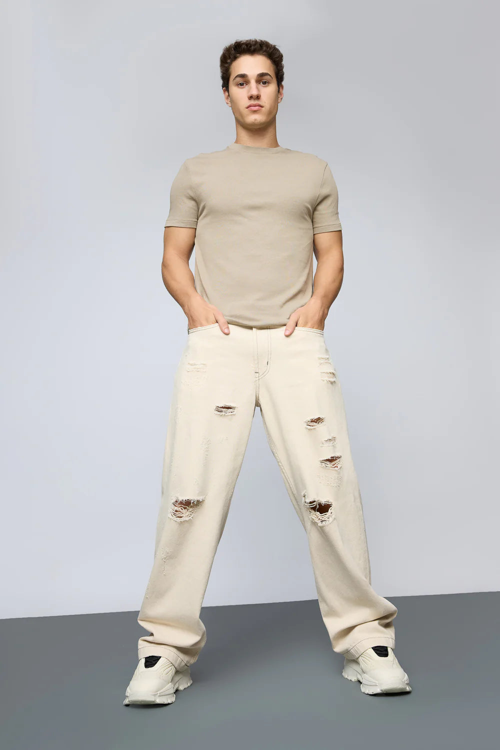 Classic Ecru Escape Distressed Baggy Straight Men's Denim Jeans with Comfortable Waist