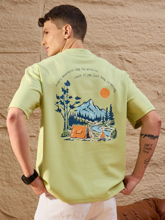 Fashionable Green Oversized T-Shirt with Drop Shoulder and Classic Round Neck for Men