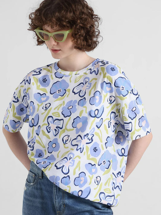 Women’s White Oversized T-Shirt with Elegant Floral Print Design