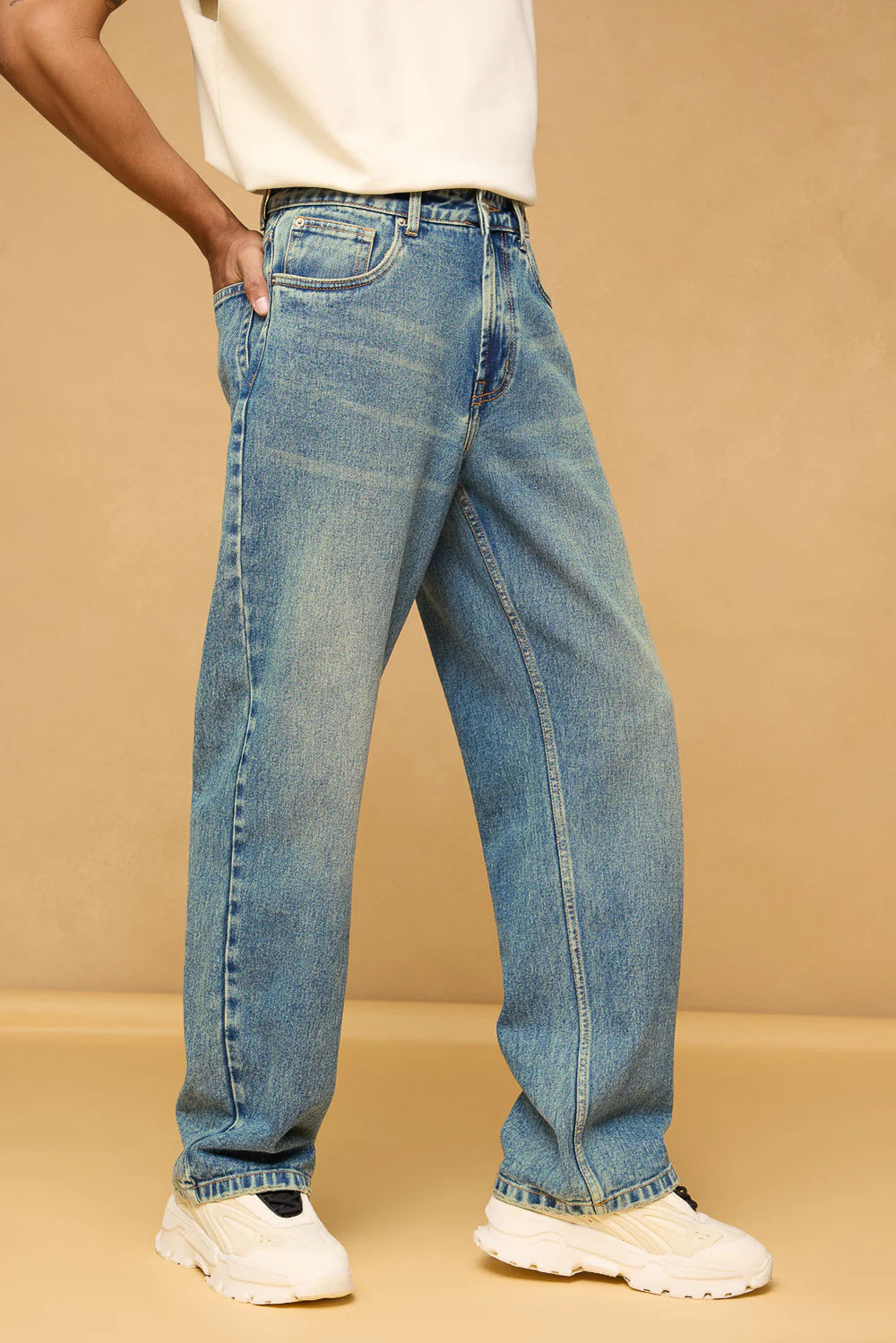 Trendy Blue Spruce Men's Baggy Straight Jeans with Relaxed Fit for Everyday Wear