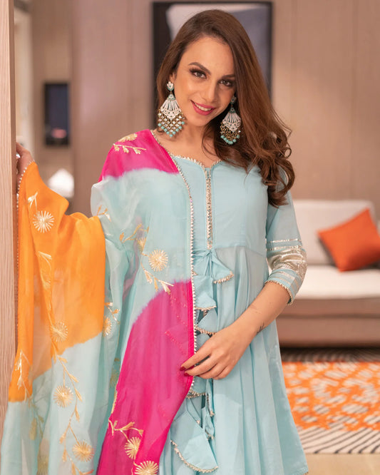 Stylish Women’s Adonis Blue Gotapatti Embroidered Sharara Set with Kurta and Dupatta for Modern Ethnic Wear
