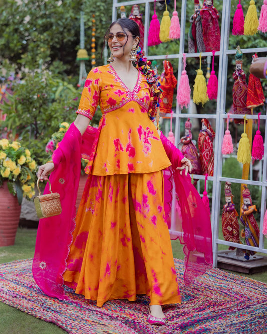 Festive Wear Orange Pink Tie Dye Muslin Sharara Ensemble with Traditional and Modern Fusion Style