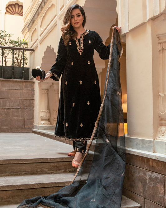 Trendy Women’s Slate Black Velvet Suit Set with Intricate Handcrafted Work Perfect for Festive and Party Wear