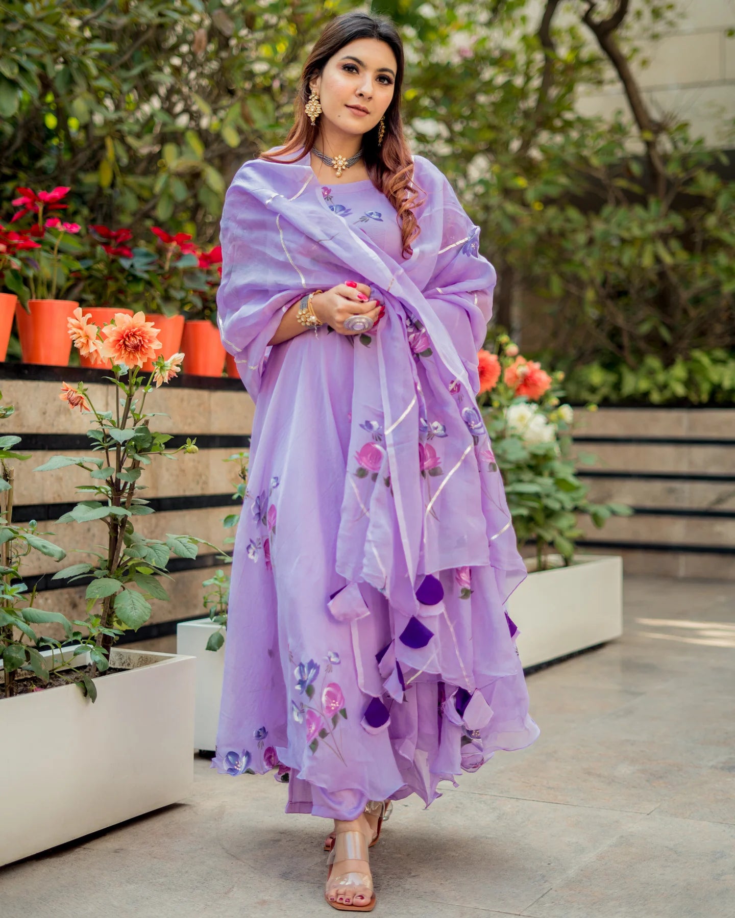Trendy Lilac Organza Designer Suit Set for Women Featuring Handpainted Patterns and Modern Traditional Style