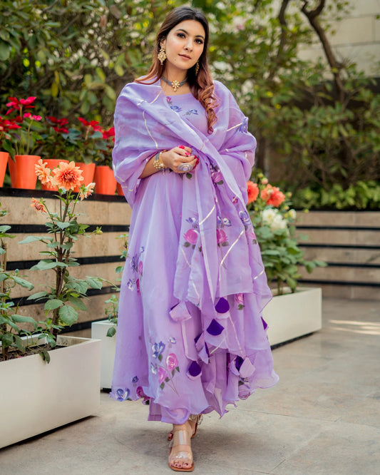 Trendy Lilac Organza Designer Suit Set for Women Featuring Handpainted Patterns and Modern Traditional Style