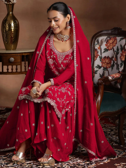 Fashionable Red Silk Blend Straight Suit with Embroidery and Dupatta for Women Party Wear