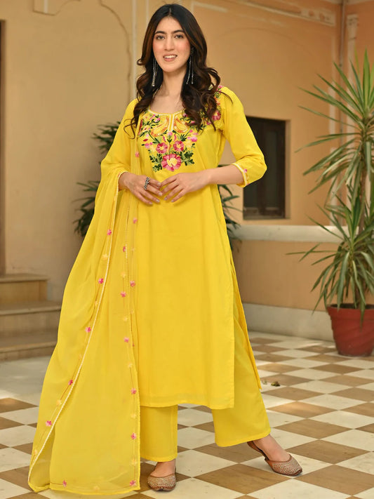 Designer Women’s Yellow Cotton Kurta Set with Detailed Aari Work for Festive, Cultural, and Party Occasions