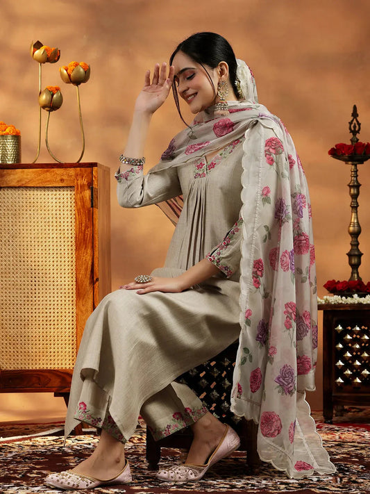 Beige Silk Blend Straight Cut Suit with Intricate Yoke Detailing and Coordinated Dupatta