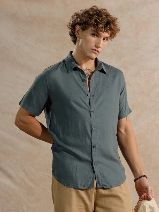 Solid Linen Blend Dark Blue Shirt Slim Fit Modern Casual and Semi Formal Style