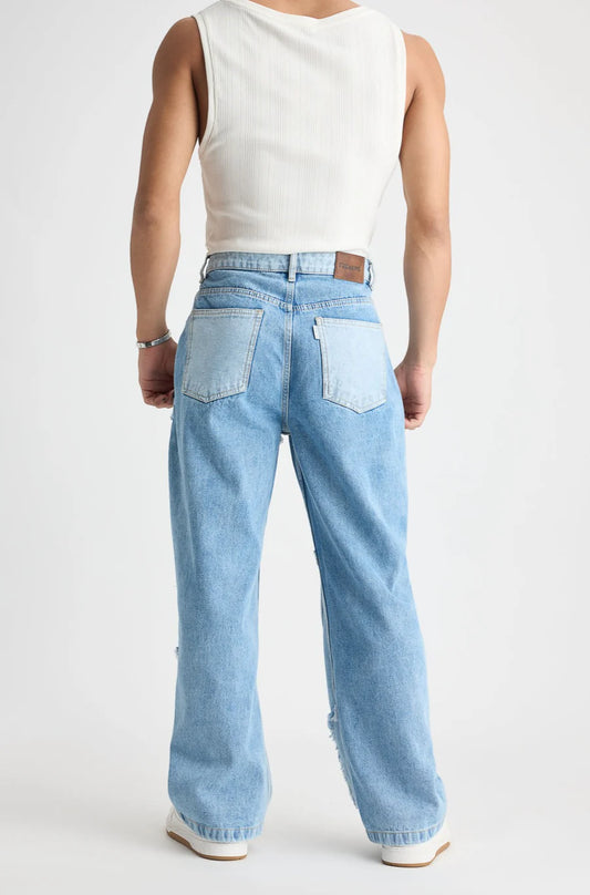 Classic Blue Patchwork Straight-Fit Men's Denim Jeans with Comfortable Regular Fit
