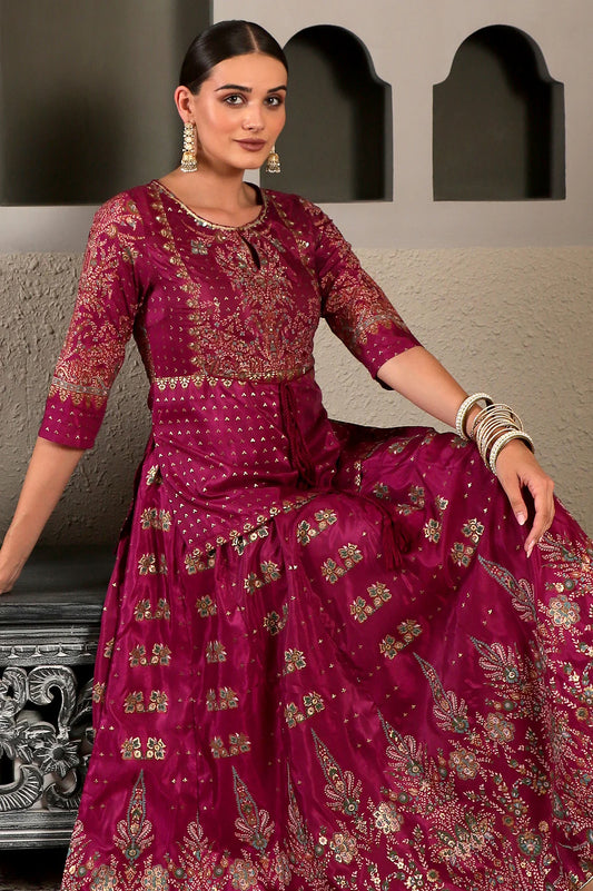 Purple Glitter Floral Embellished Shantung A-Line Duo Dress