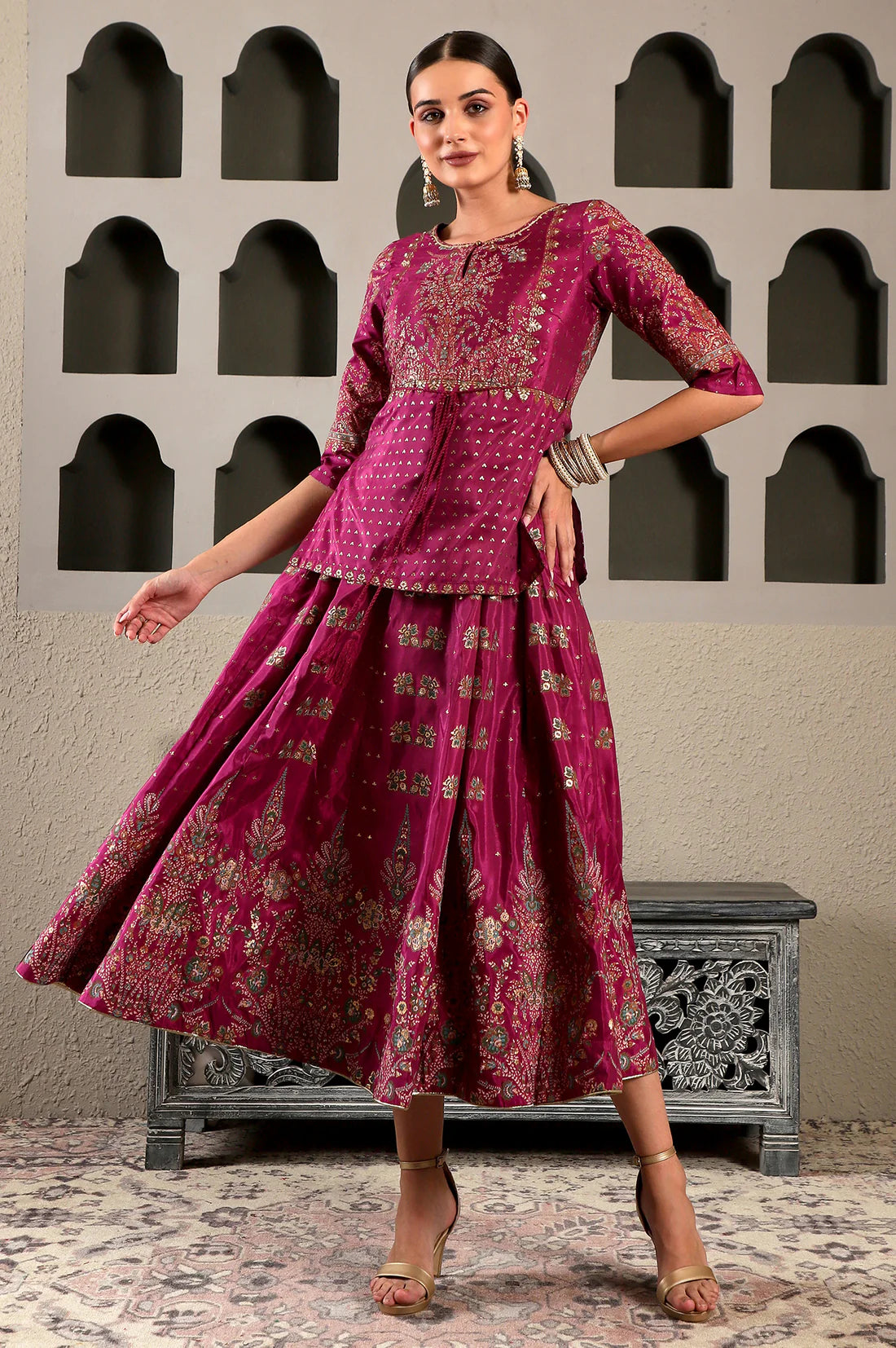 Purple Glitter Floral Embellished Shantung A-Line Duo Dress