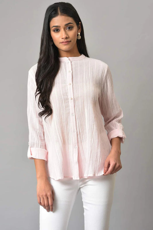 Elegant Women’s Light Pink Top with Classic Mandarin Collar Design