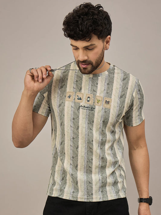 Soft Cotton Men’s Green and Light Blue Striped Round Neck T-Shirt