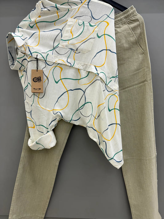 Fashionable Men’s Combo Yellow Printed Linen Shirt with Green Linen Pants for Work or Casual Outfits