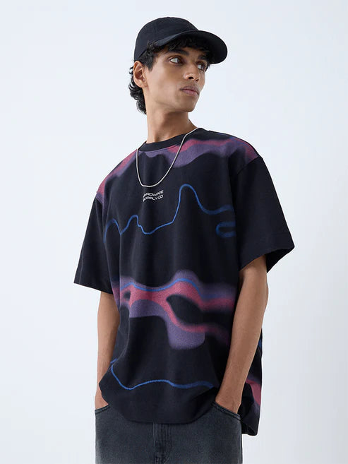 Nuon Casual Wear Black Cotton Tee with Abstract Print & Relaxed Fit