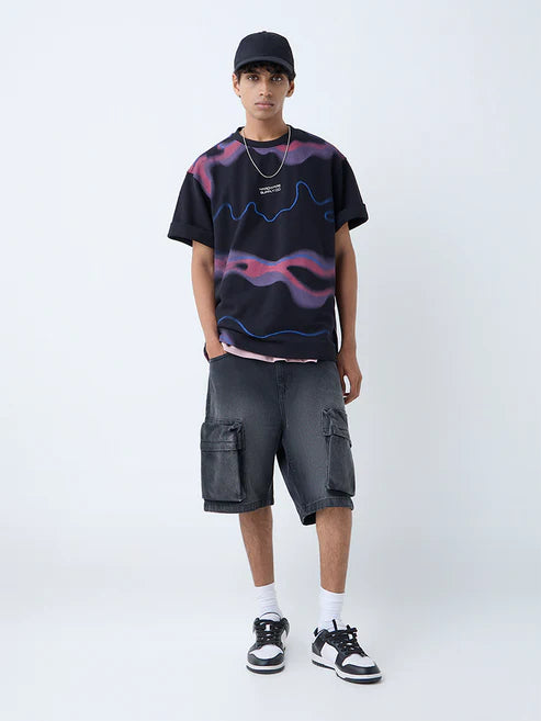 Nuon Casual Wear Black Cotton Tee with Abstract Print & Relaxed Fit