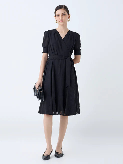 Luxury Evening Wear Black Seersucker Wrap-Style Dress for Women